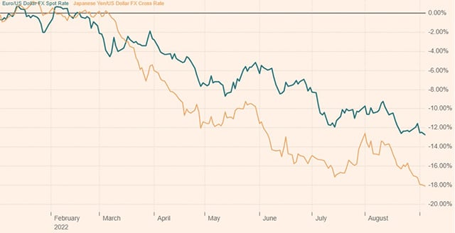 出所: Financial Times 2022年　年初来　ユーロ対ドル変動率(緑色線)、日本円対ドル変動率(黄色線)